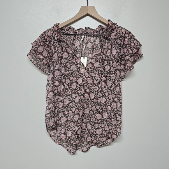 Anthropologie Tops - Anthropologie Blouse Medium V Neck Flutter‎ Sleeve Floral Ruffle Sheer NWT